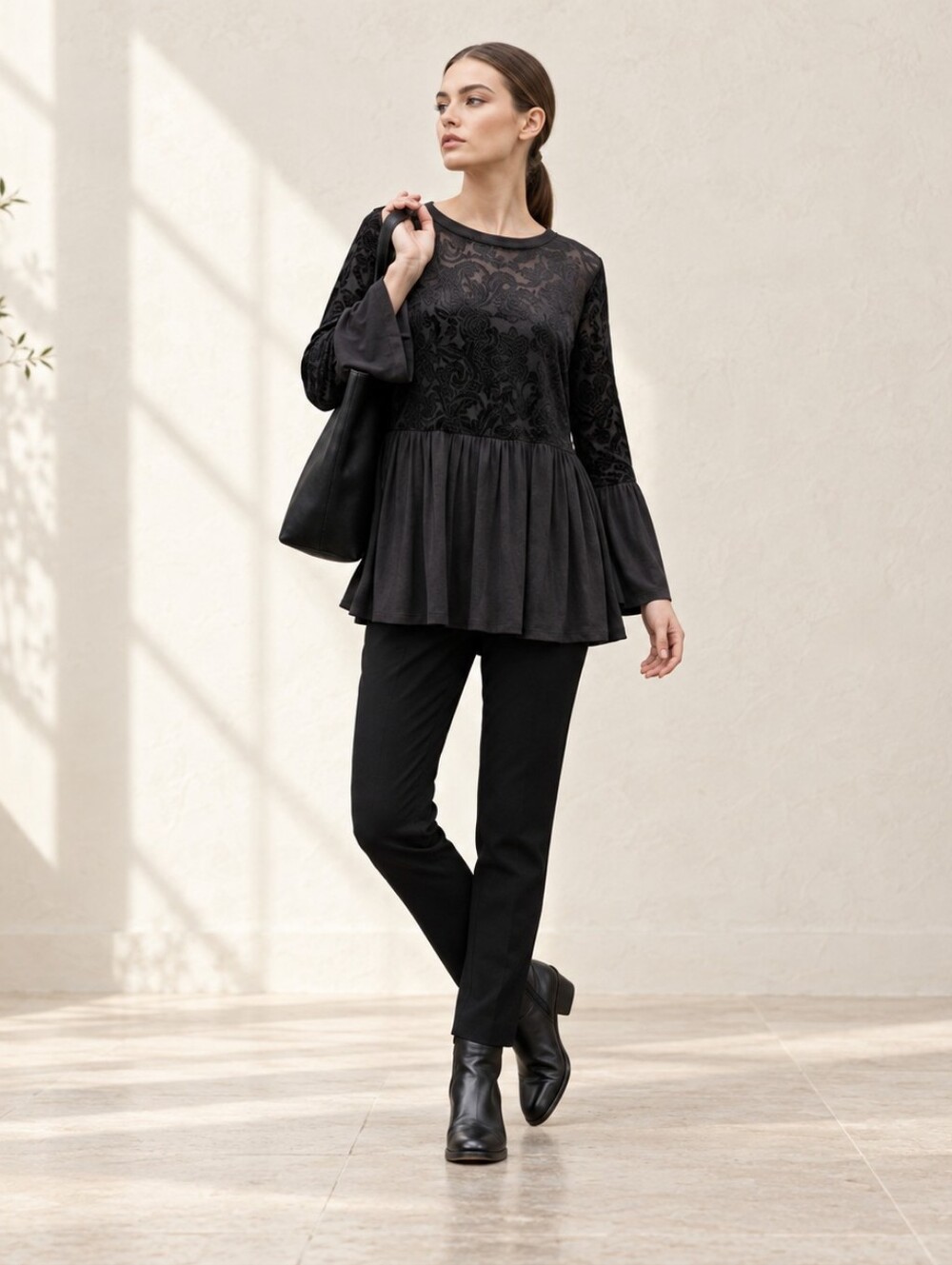Black Baby Doll Top Empire Bell Sleeve Velvet Burnout Whimsigoth Sheer Size M